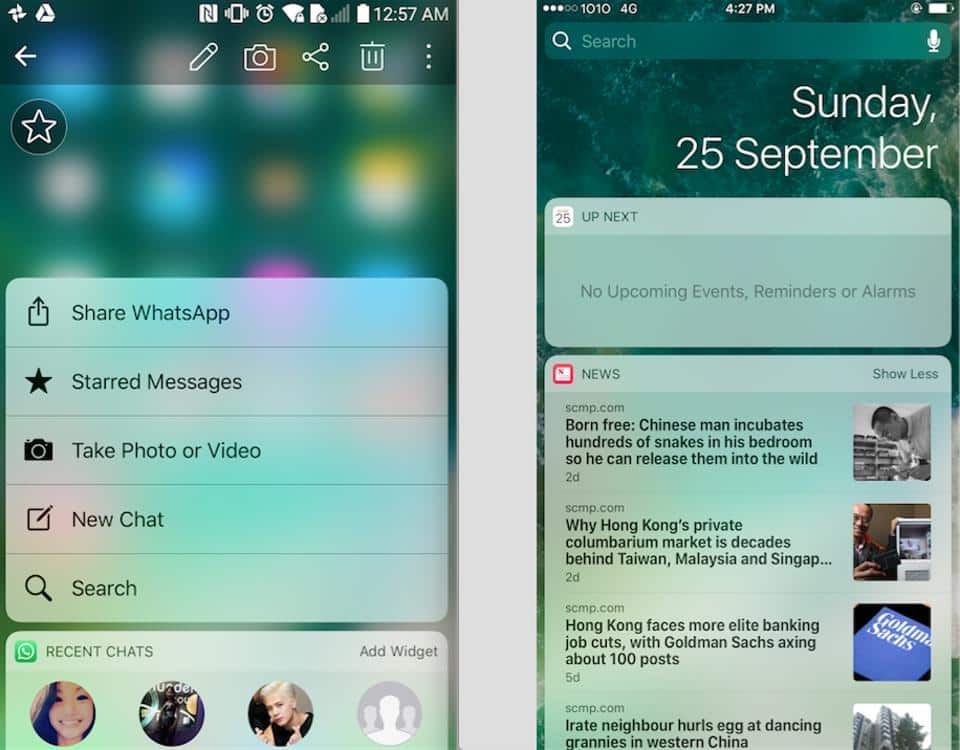 Force Touch returns on the iPhone 7, allowing for shortcuts such as directly going into a specific Whatsapp chat (left); iOS 10's new widgets page, which can be accessed by swiping left on lockscreen or homescreen. 