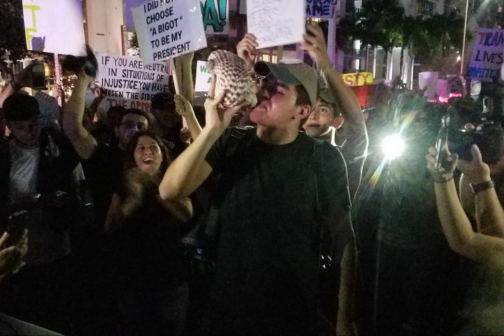 Protesters opposed to Donald Trump took to the streets of Miami on Friday. (Francisco Alvarado for The Washington Post)