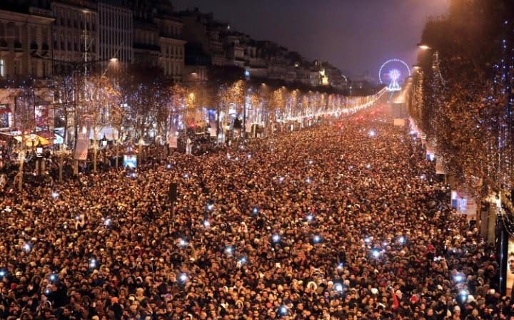 A huge gathering for New Year's Eve on the Champs Elysees