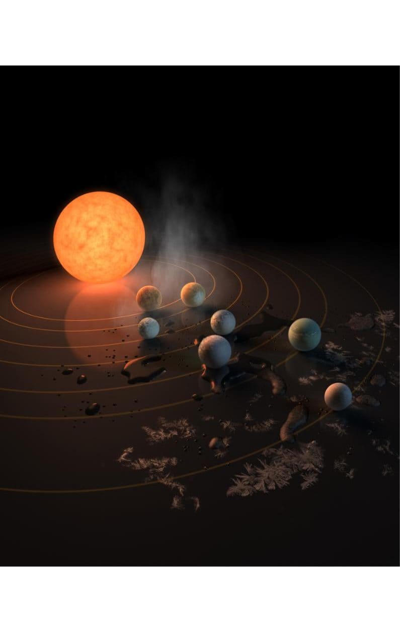 Handout image issued by NASA showing an artist's concept of TRAPPIST-1, an ultra-cool dwarf star, and the seven Earth-size planets orbiting it