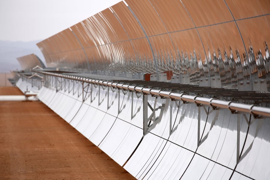 The concentrated solar power (CSP) technology at Morocco&#039;s NOOR plant uses thousands of curved mirrors like these to focus the sun&#039;s heat on tubes carrying a molten salt solution, heating the liquid up to roughly 700 degrees Fahrenheit. That heat is then 