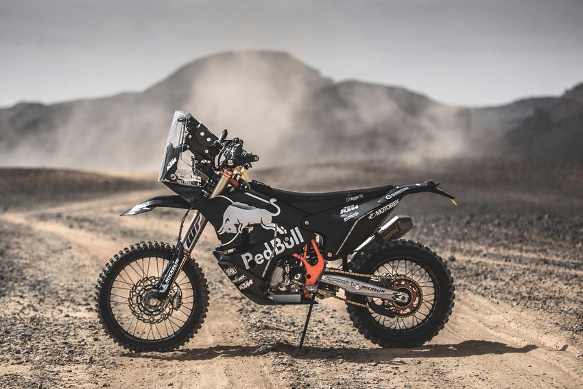 A portrait shot of the remodelled KTM 450 Rally bike which will be ridden at the 2017 Rallye du Maroc.