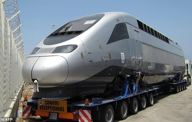 A locomotive for Morocco's first high speed rail link, produced by French train maker Alstom, arrives at the Moroccan port of Tangier on June 30, 2015
