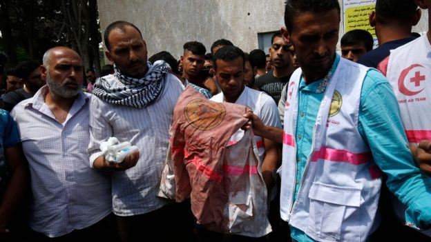 Father (second left) of Razan al-Najar holds her jacket covered with blood during her funeral in Khan Younis on June 2, 2018